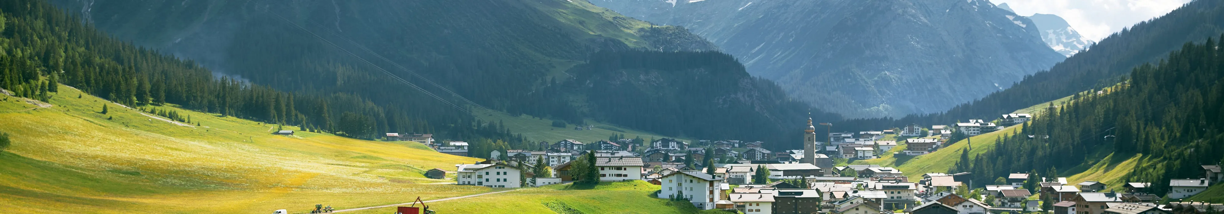 Panorama mit grünen Wiesen und einer kleinen Stadt vor Bergen